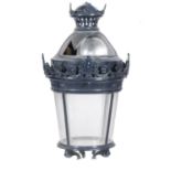 A blue painted cast iron and glazed lantern