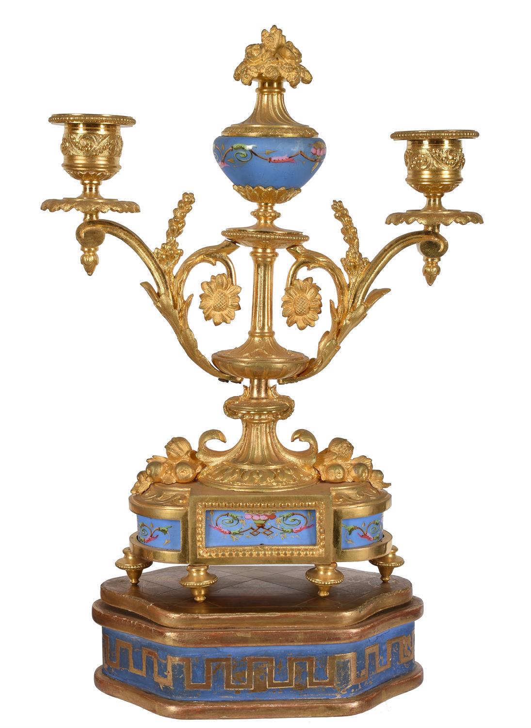 A French Sevres style porcelain and gilt metal mounted clock garniture Japy Frères - Image 5 of 5