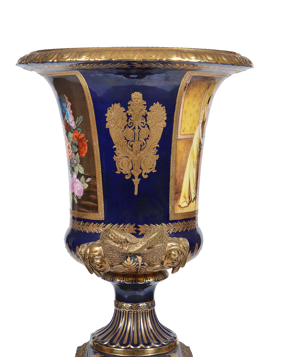 A pair of modern Sevres-style porcelain and gilt metal mounted campana urns and stands - Image 11 of 13