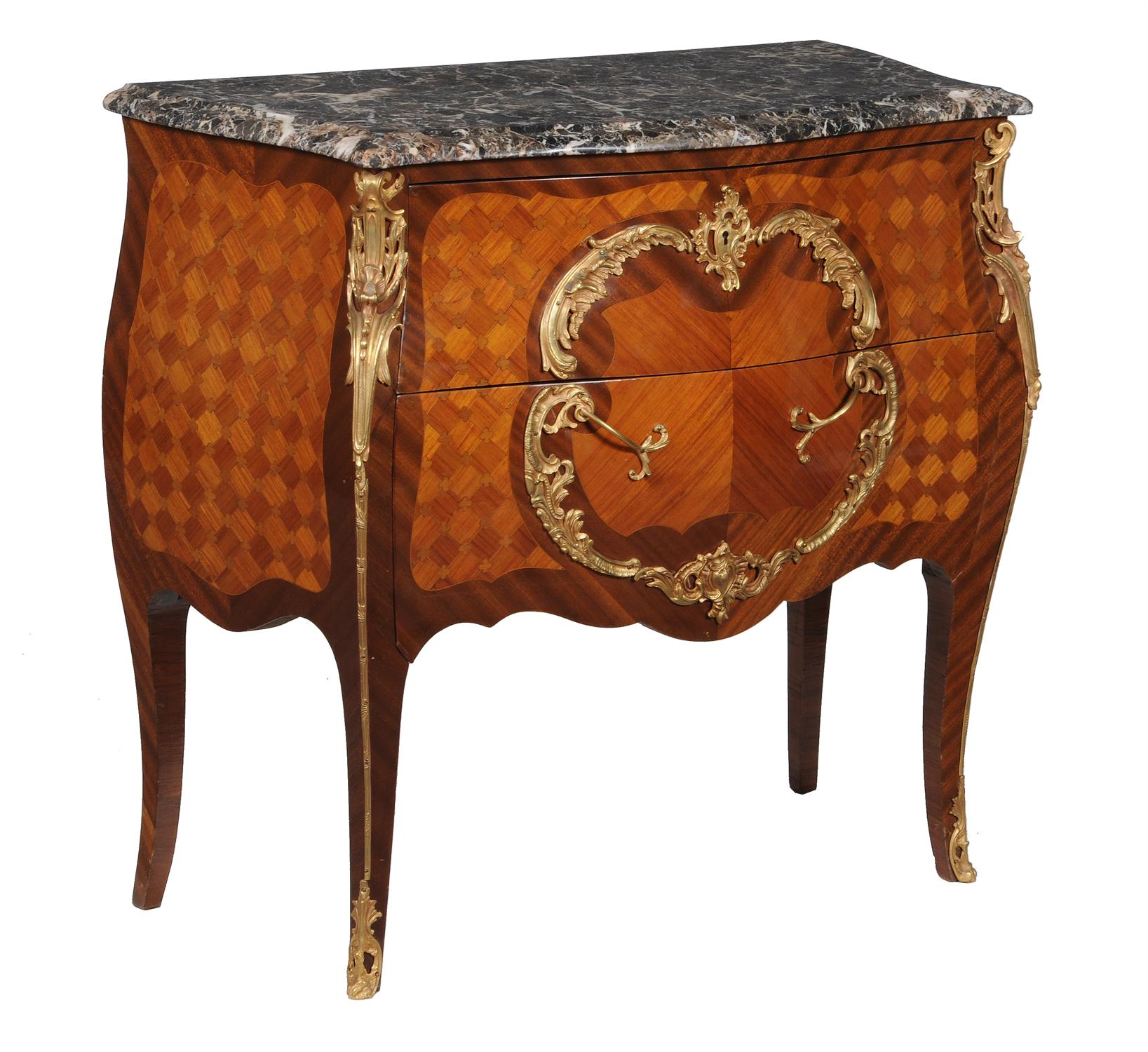 Y A French mahogany kingwood, parquetry, and gilt metal mounted commode in Louis XV style