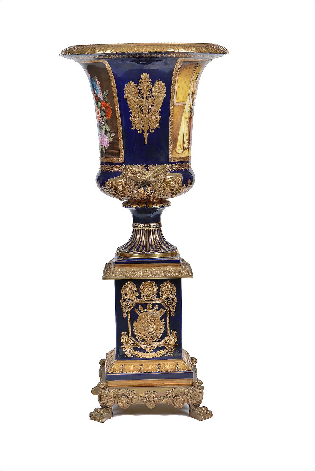 A pair of modern Sevres-style porcelain and gilt metal mounted campana urns and stands - Image 12 of 13