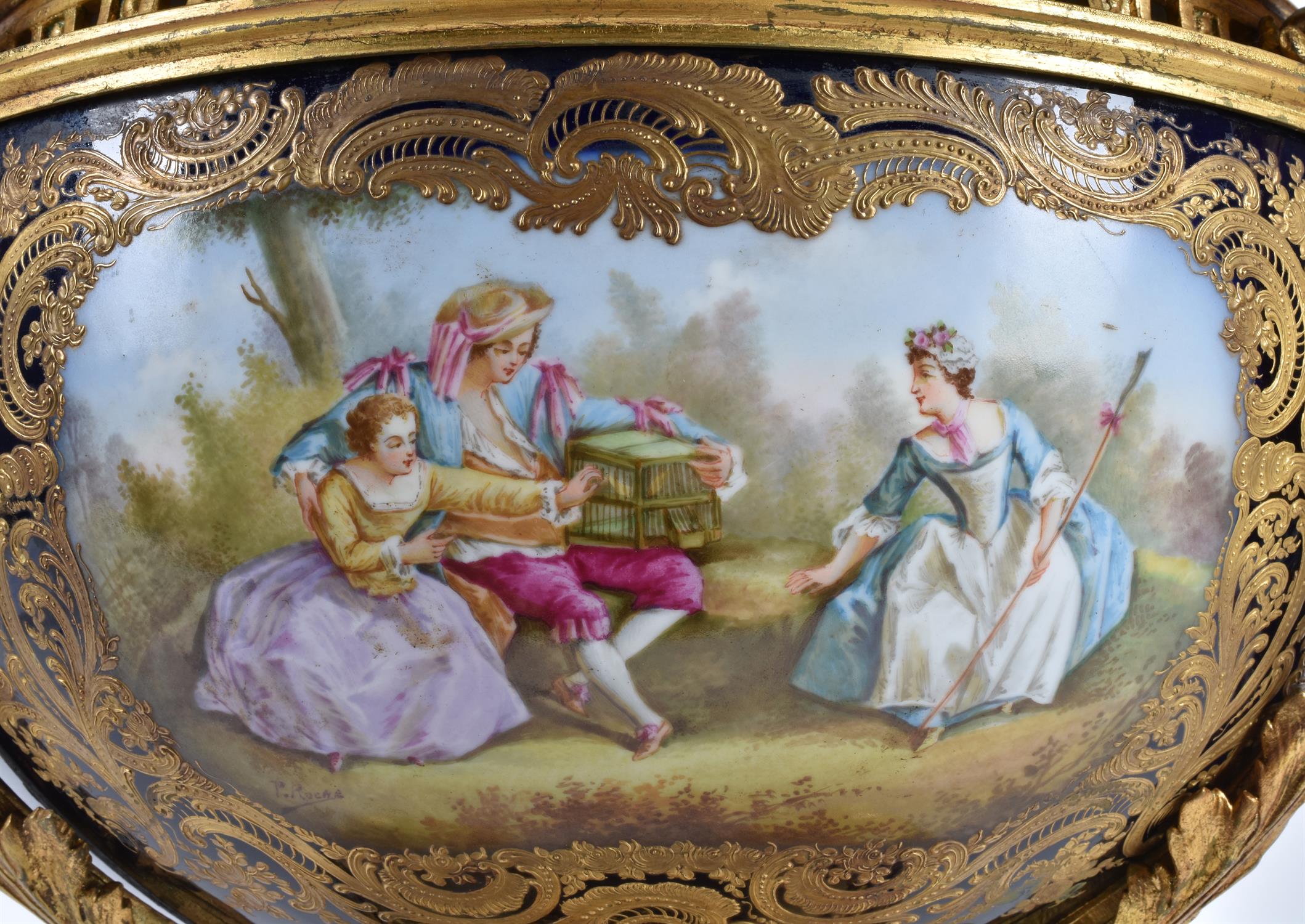 A Sevres-style porcelain blue-ground and gilt-metal mounted three-handled pot pourri urn and cover - Image 3 of 9