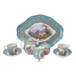 A French porcelain Sevres-style turquoise-ground tête-à-tête cabaret tea service