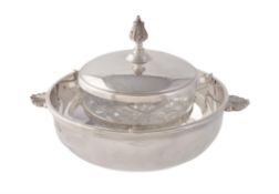 Asprey, a silver and glass caviar serving dish, frame and cover by Asprey plc