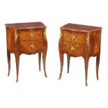 Y A pair of French kingwood, inlaid, and gilt metal mounted petite commodes