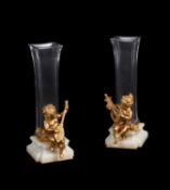 A pair of gilt metal, glass and white marble mounted vases in Art Nouveau style