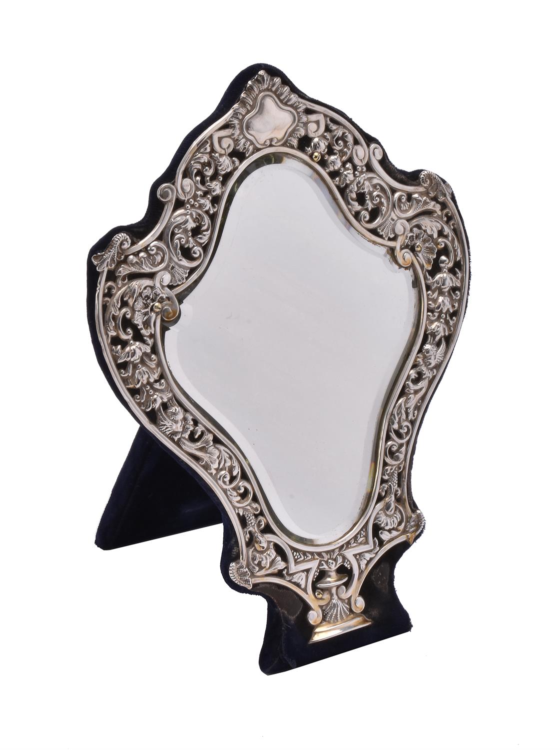 A late Victorian silver cartouche shaped mirror by Samuel Jacob