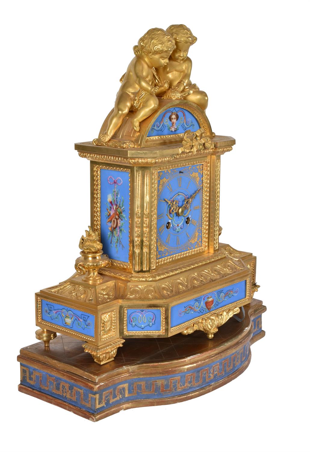 A French Sevres style porcelain and gilt metal mounted clock garniture Japy Frères - Image 4 of 5