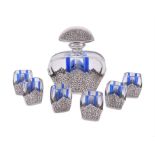 A Bohemian Art Deco blue flash liqueur set with Indian silver mounts