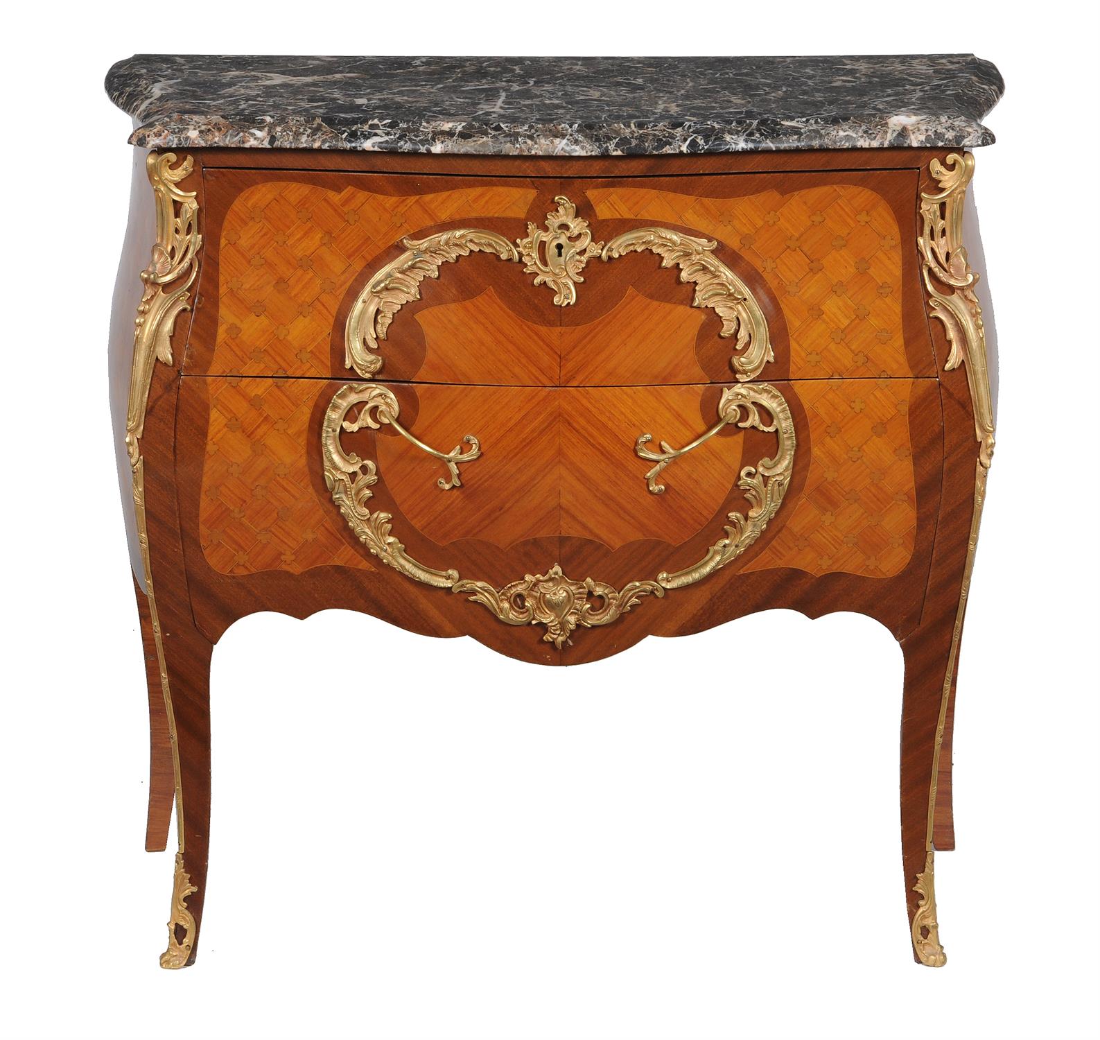 Y A French mahogany kingwood, parquetry, and gilt metal mounted commode in Louis XV style - Image 2 of 3