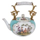 A Meissen (outside decorated) gilt-metal mounted kettle and cover