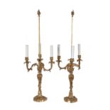 A pair of French gilt bronze Rococo Revival three-branch candelabra