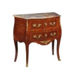 A walnut, marquetry inlaid, and gilt metal mounted commode in the Louis XV style