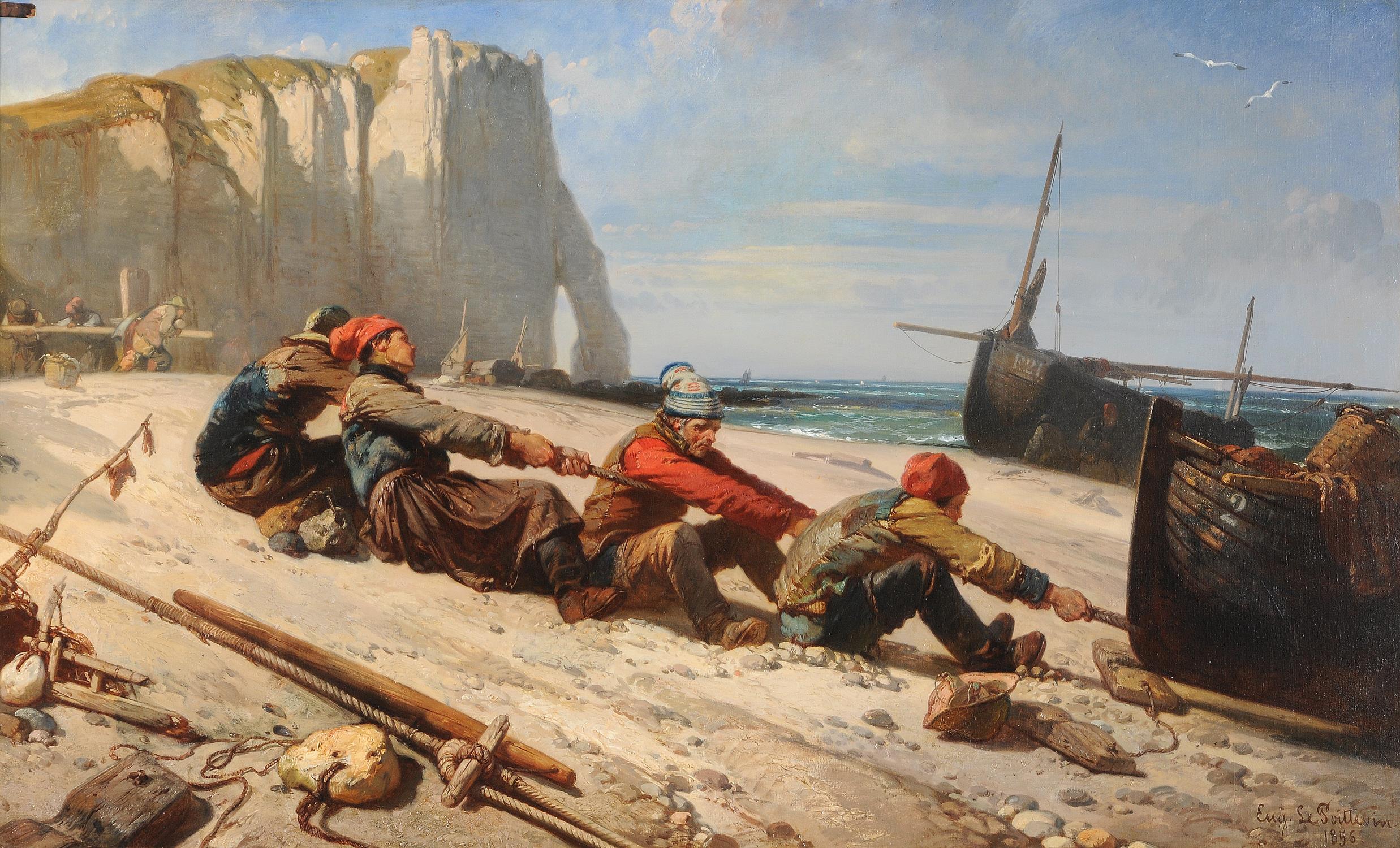 Eugène Modeste Edmond Le Poitevin (French 1806-1870) , Fishermen hauling a boat