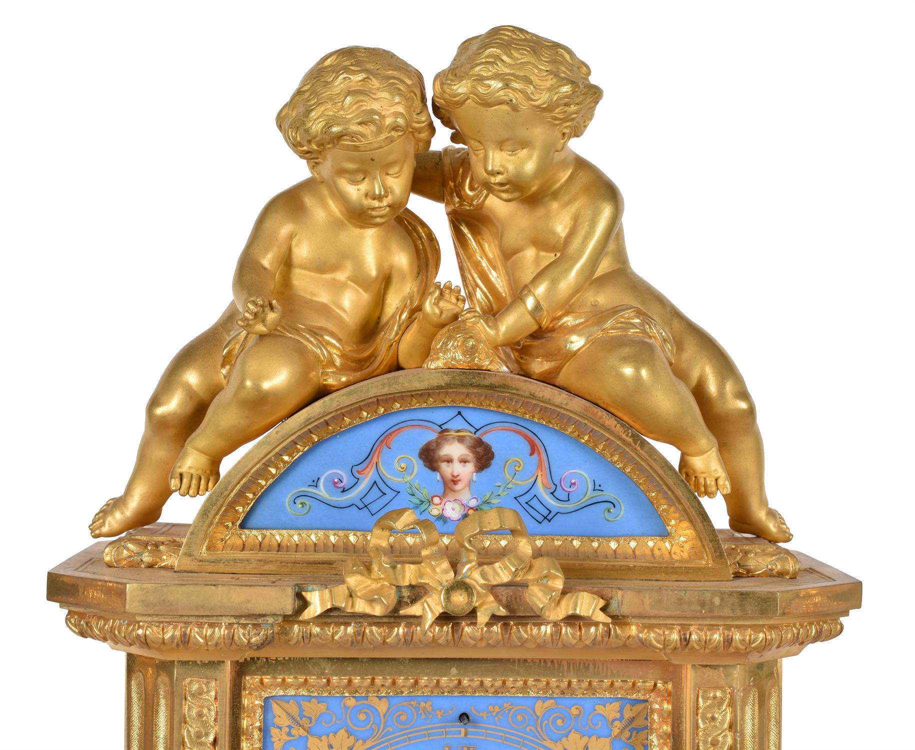 A French Sevres style porcelain and gilt metal mounted clock garniture Japy Frères - Image 3 of 5
