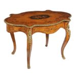 A French walnut, gilt metal mounted and floral marquetry inlaid centre table,