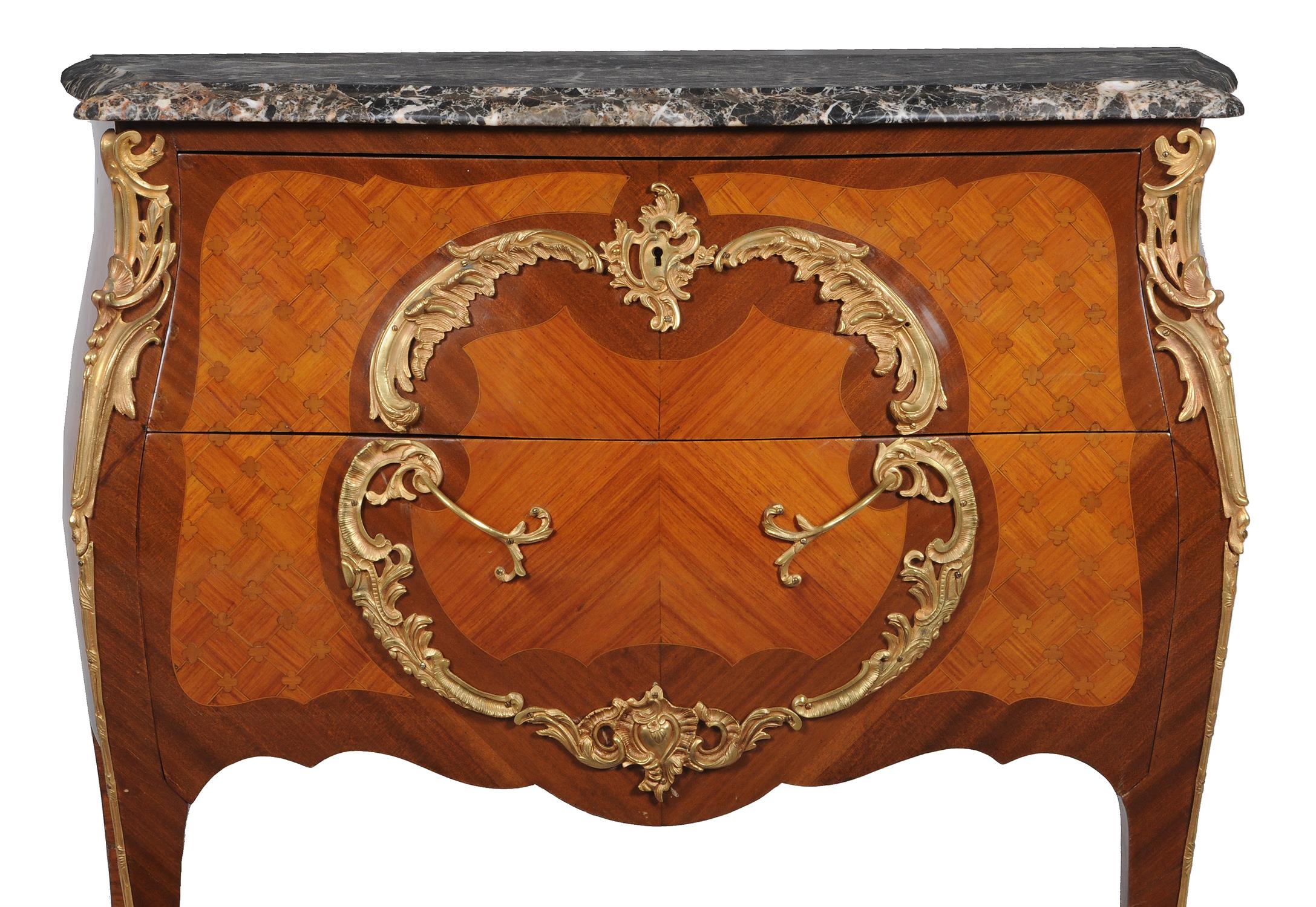 Y A French mahogany kingwood, parquetry, and gilt metal mounted commode in Louis XV style - Image 3 of 3