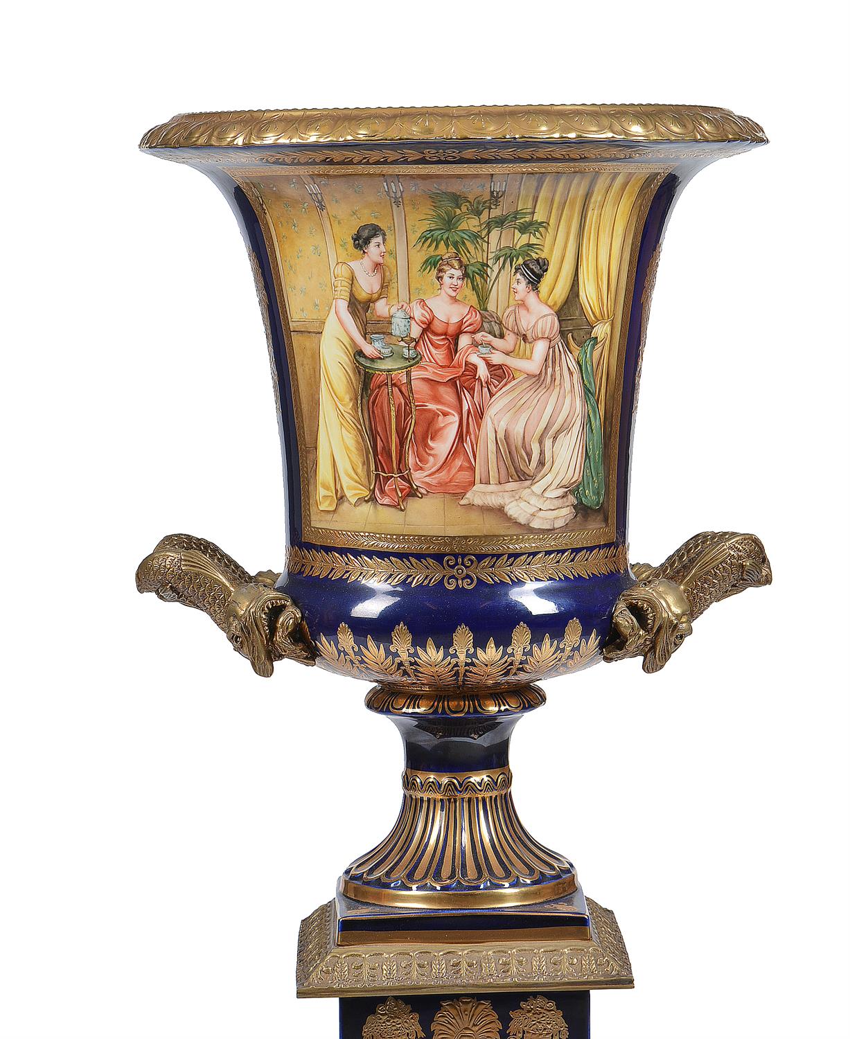 A pair of modern Sevres-style porcelain and gilt metal mounted campana urns and stands - Image 7 of 13