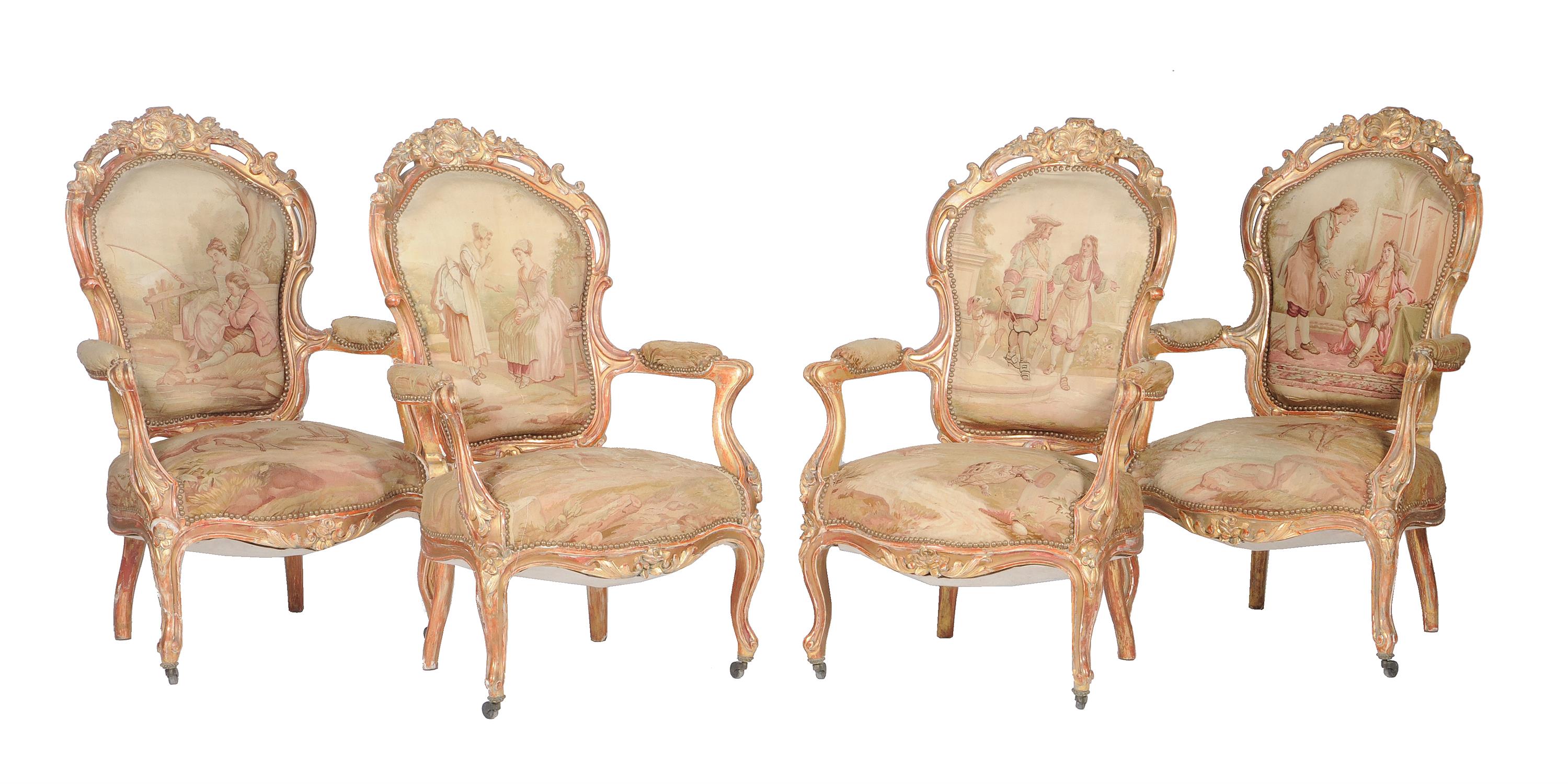 A set of four rubbed gilt fauteuils in Louis XV style
