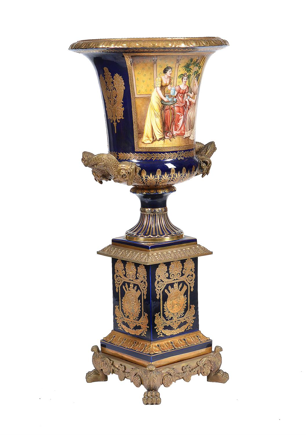 A pair of modern Sevres-style porcelain and gilt metal mounted campana urns and stands - Image 2 of 13