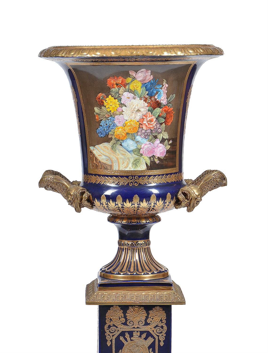 A pair of modern Sevres-style porcelain and gilt metal mounted campana urns and stands - Image 9 of 13