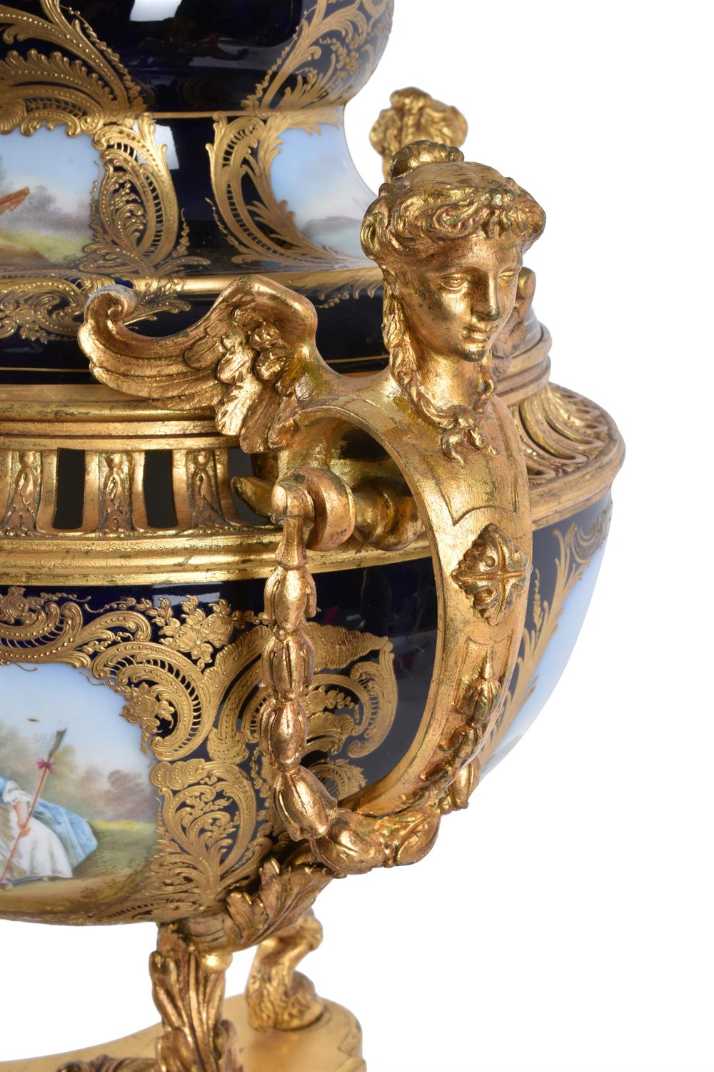 A Sevres-style porcelain blue-ground and gilt-metal mounted three-handled pot pourri urn and cover - Image 2 of 9