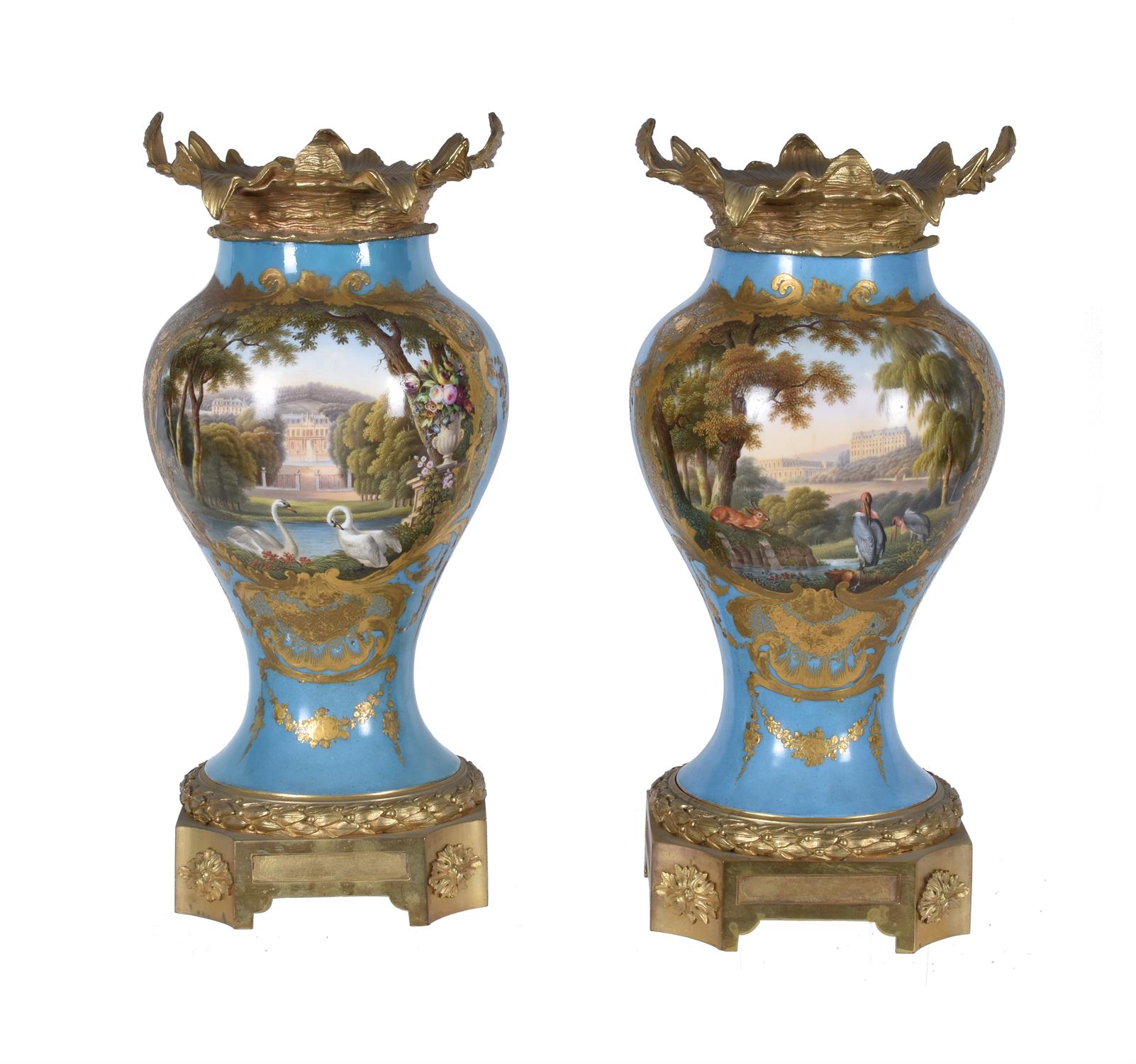 A pair of French porcelain Sevres style gilt-metal mounted inverted baluster vases - Image 4 of 6