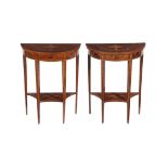 A pair of Edwardian mahogany, crossbanded and marquetry occasional tables