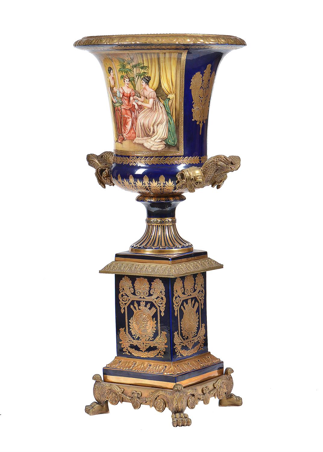 A pair of modern Sevres-style porcelain and gilt metal mounted campana urns and stands - Image 3 of 13