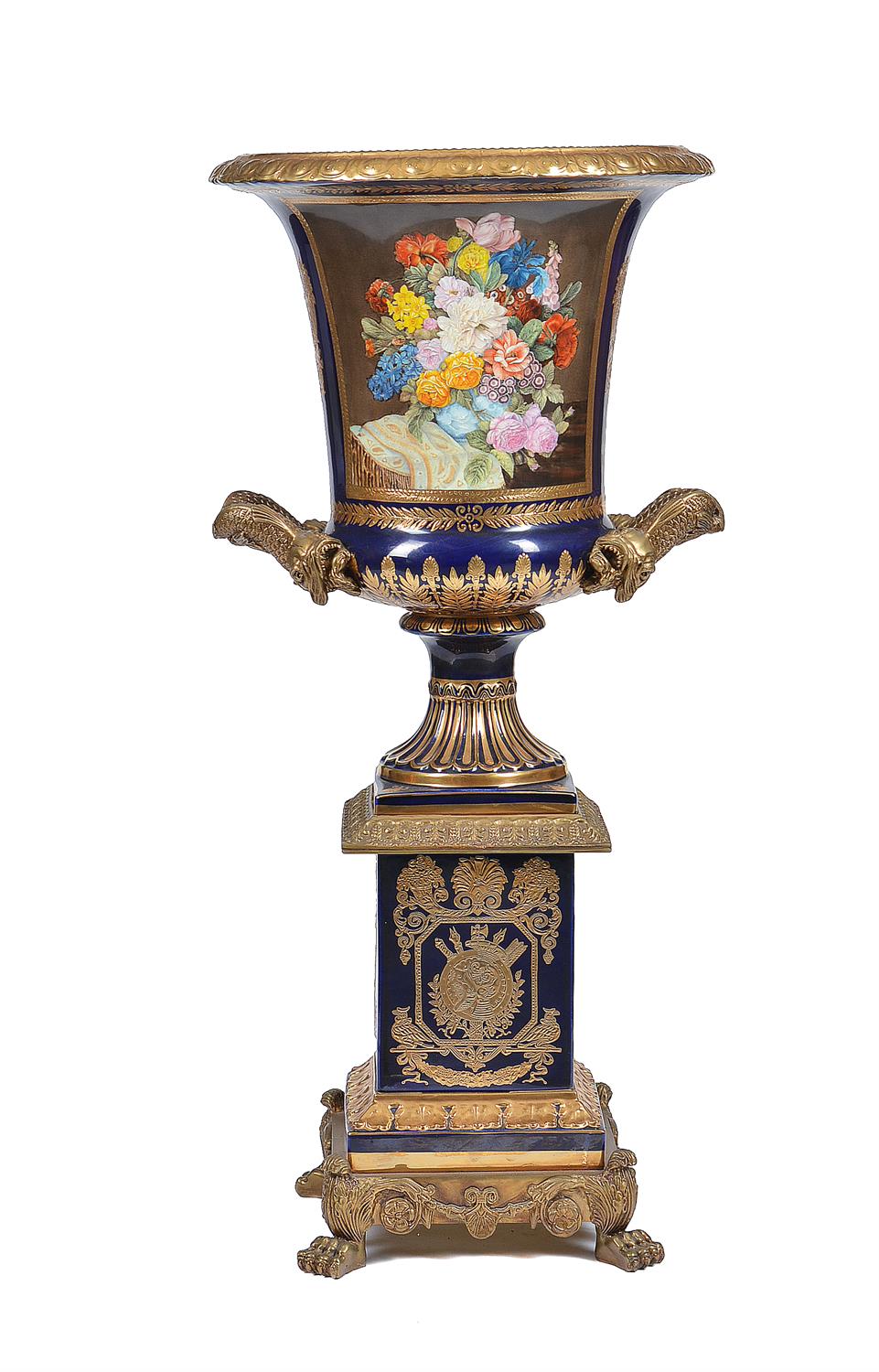 A pair of modern Sevres-style porcelain and gilt metal mounted campana urns and stands - Image 4 of 13