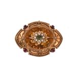 A mid Victorian ruby, emerald and seed pearl brooch