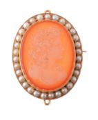 A Continental late 19th century agate cameo brooch in a half pearl mount