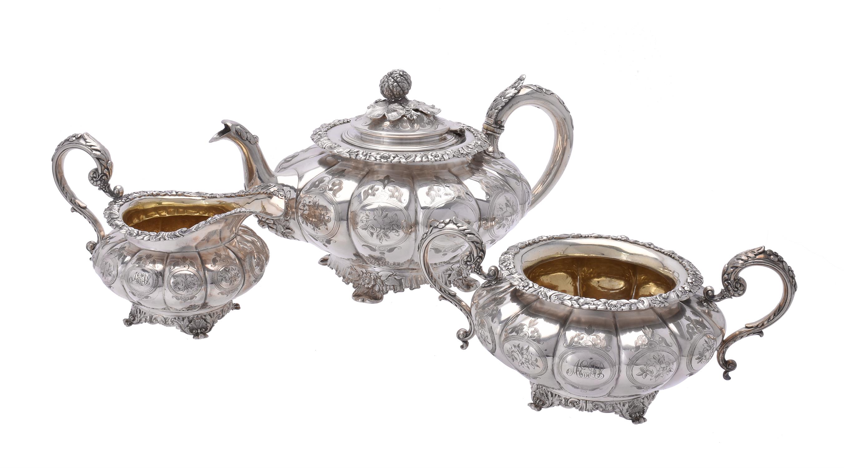 Y A George and William IV matched silver circular lobed three piece tea set by William Bateman II