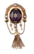 A late 19th century gold, amethyst, diamond and half pearl brooch