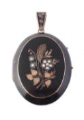 A late Victorian black enamel and half pearl hinged locket
