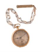 Unsigned, 18 carat gold keyless wind open face pocket watch