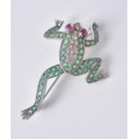 An emerald, diamond and ruby frog brooch