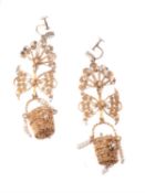 A pair of early 19th century Continental seed pearl and gold filigree pendent earrings