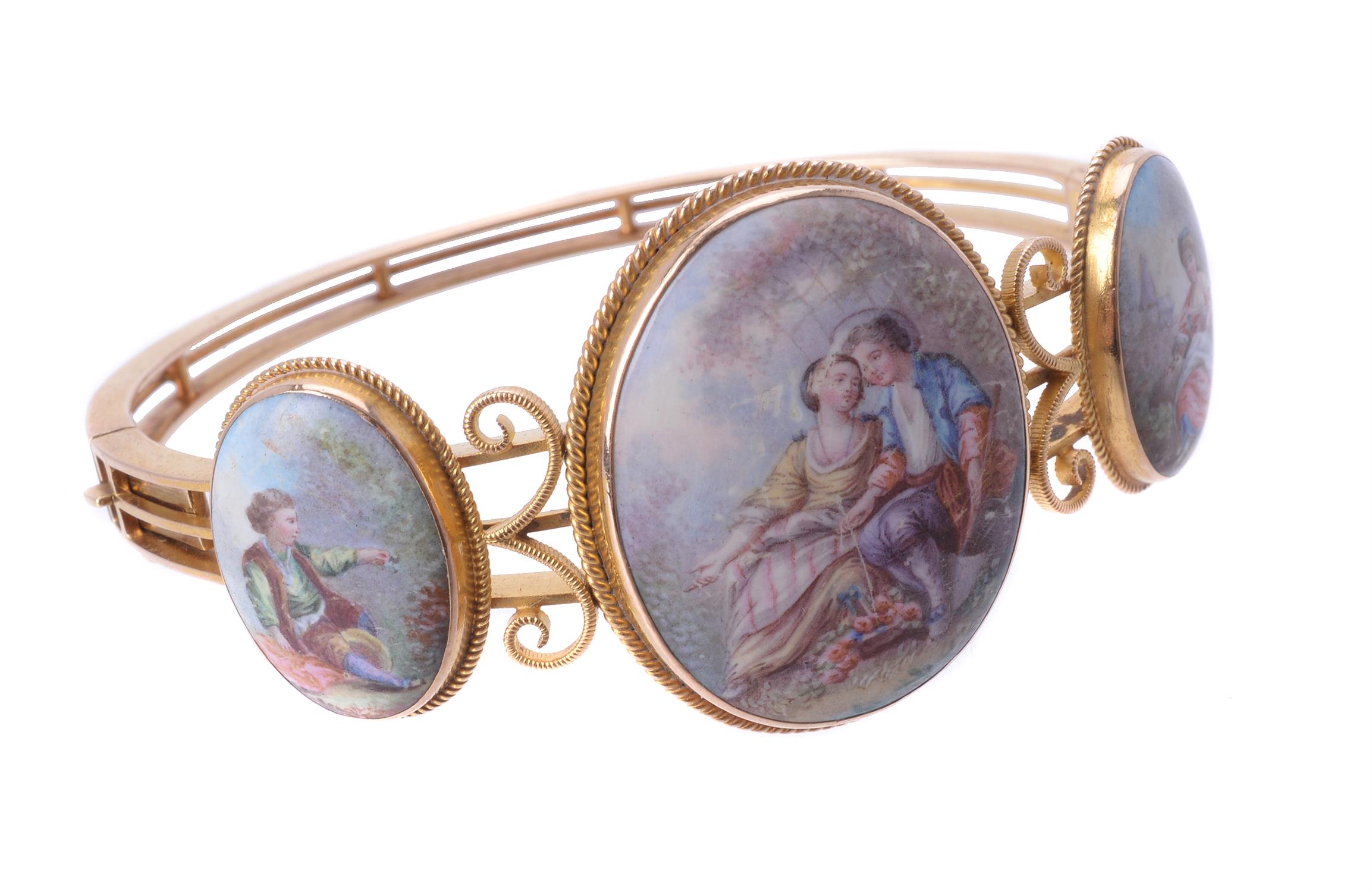 Y A late 19th century Swiss enamel hinged bangle
