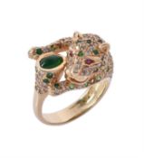 An emerald, diamond and ruby leopard ring