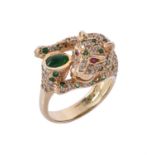 An emerald, diamond and ruby leopard ring
