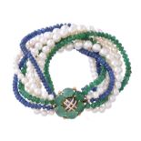 A 1960s cultured pearl, emerald and sapphire bracelet by Verdura