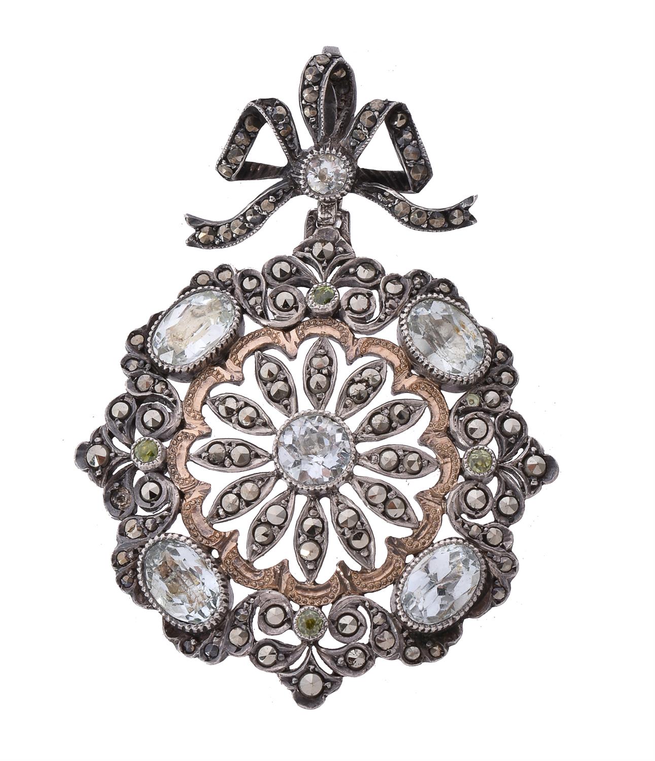 A 19th century French rock crystal, peridot and pyrite flower pendant