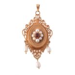 A late 19th century French gold, garnet and pearl locket pendant