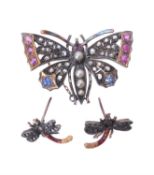 A ruby, diamond, cultured pearl and sapphire butterfly brooch