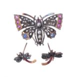 A ruby, diamond, cultured pearl and sapphire butterfly brooch