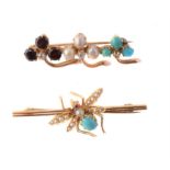 An Edwardian diamond, turquoise, garnet and pearl clover brooch