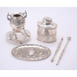 A collection of silver and silver coloured items