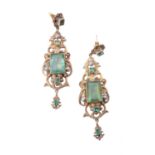 A pair of pre 1950 Continental emerald and half pearl earrings