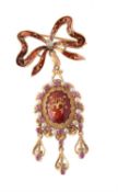 An enamel, ruby and cultured pearl pendant